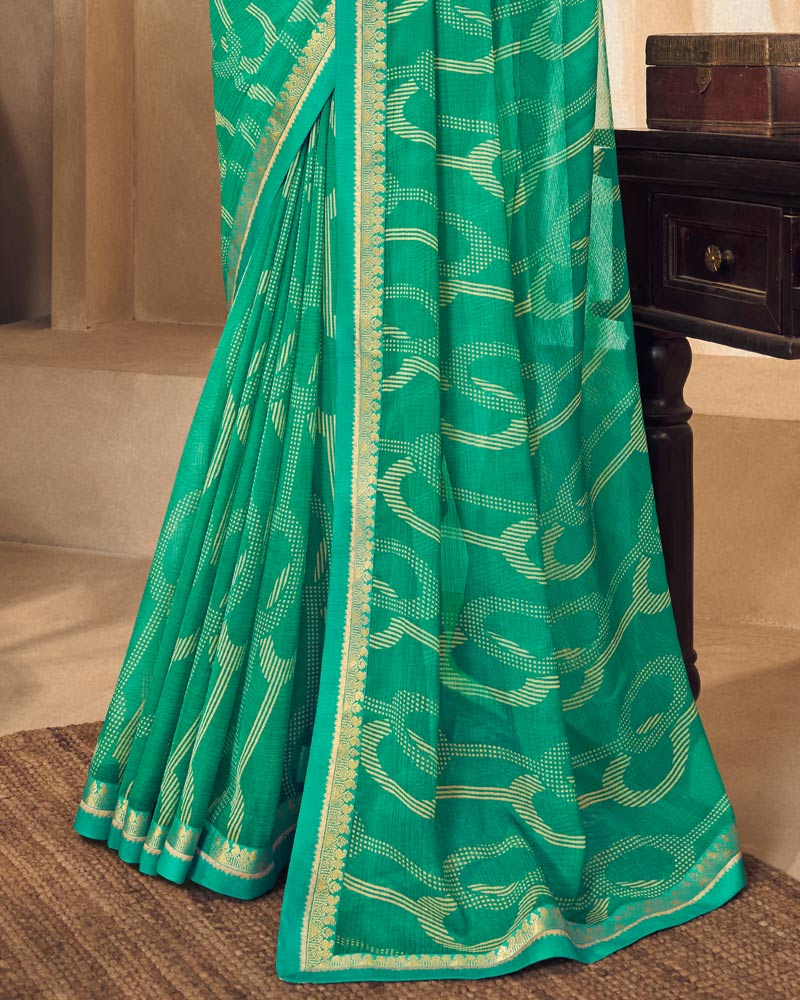 Vishal Prints Dark Mint Green Printed Chiffon Saree With Fancy Border