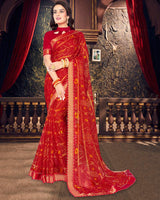 Vishal Prints Cherry Red Bandhani Print Chiffon Saree With Zari Border