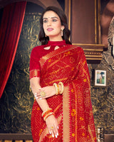 Vishal Prints Cherry Red Bandhani Print Chiffon Saree With Zari Border