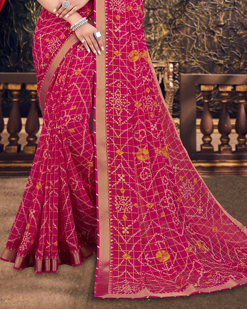 Vishal Prints Lipstick Pink Bandhani Print Chiffon Saree With Zari Border