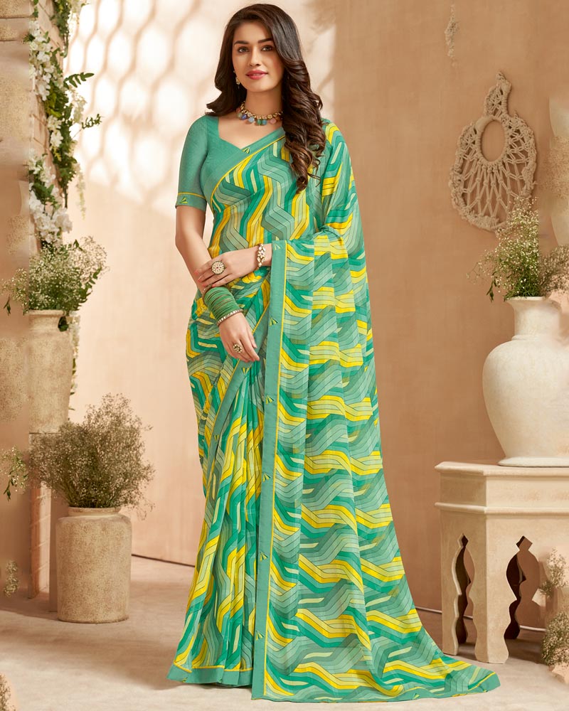 Vishal Prints Aqua Green Printed Patterned Georgette Saree With Fancy Border