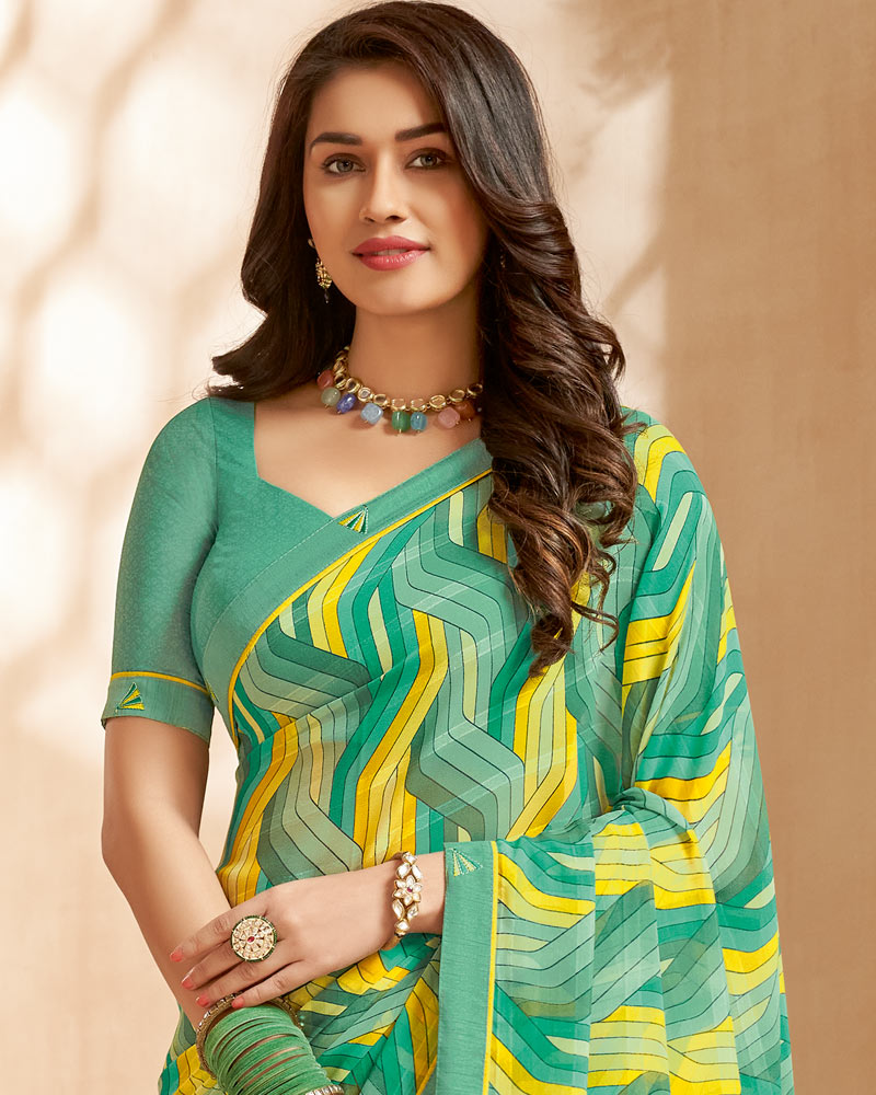 Vishal Prints Aqua Green Printed Patterned Georgette Saree With Fancy Border