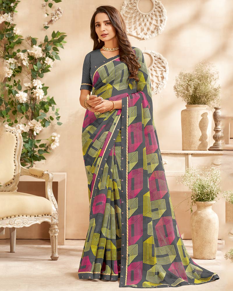 Vishal Prints Dark Grey Printed Patterned Georgette Saree With Fancy Border