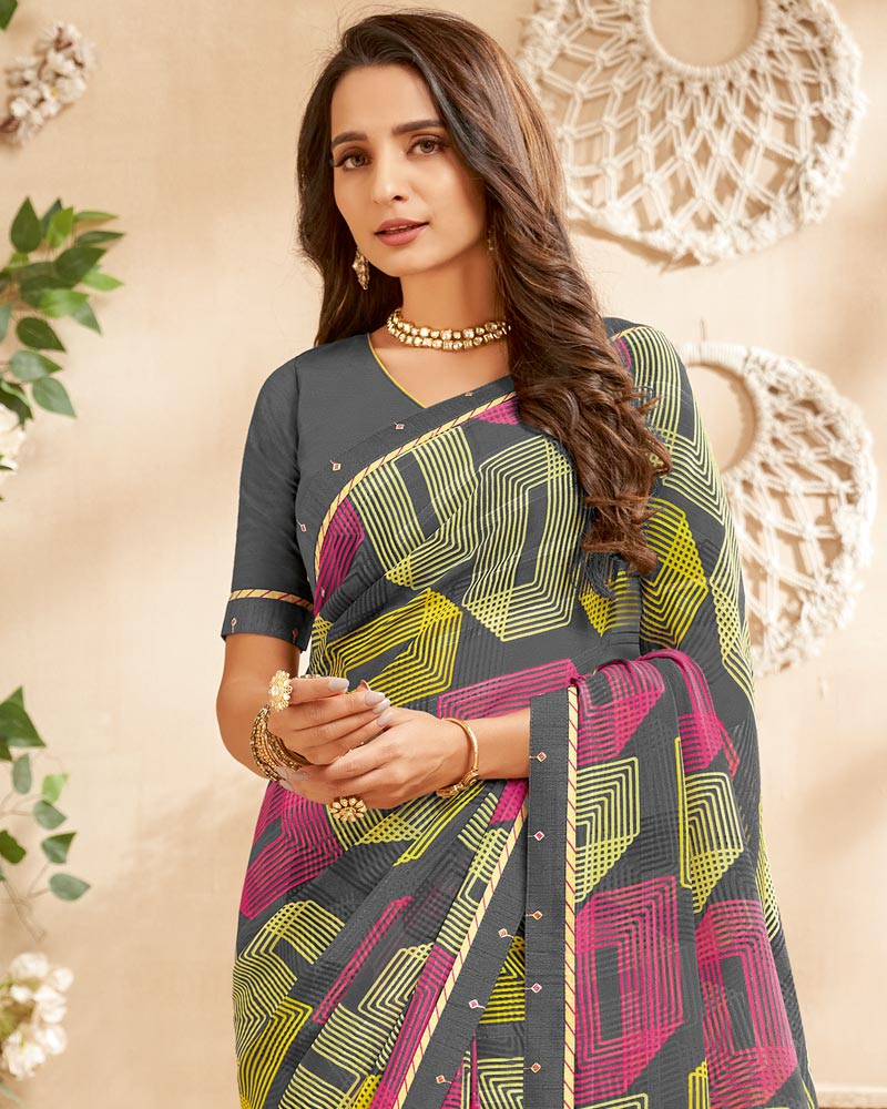 Vishal Prints Dark Grey Printed Patterned Georgette Saree With Fancy Border