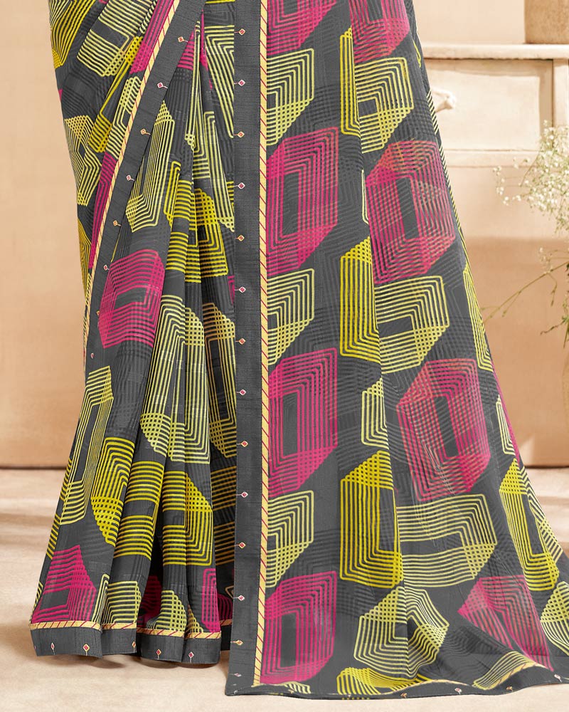 Vishal Prints Dark Grey Printed Patterned Georgette Saree With Fancy Border