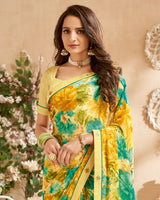 Vishal Prints Buff Yellow Printed Patterned Georgette Saree With Fancy Border