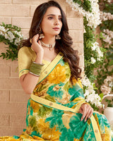 Vishal Prints Buff Yellow Printed Patterned Georgette Saree With Fancy Border