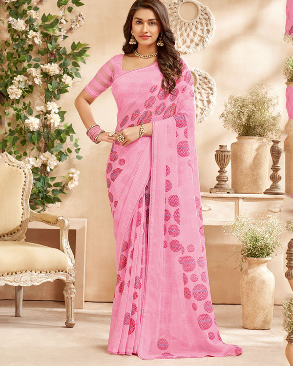 Vishal Prints Baby Pink Printed Patterned Georgette Saree With Fancy Border