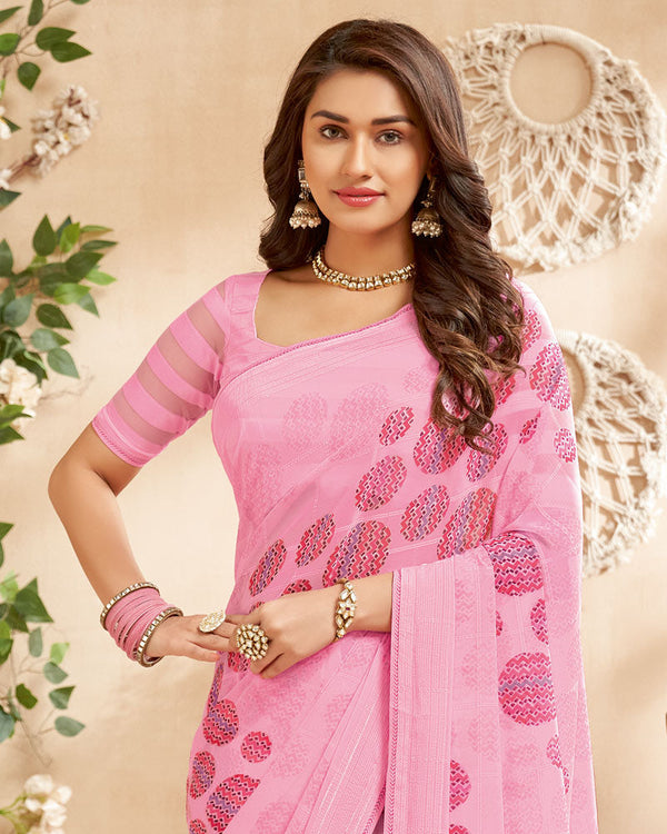 Vishal Prints Baby Pink Printed Patterned Georgette Saree With Fancy Border