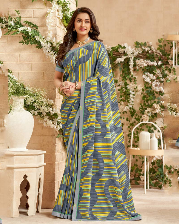 Vishal Prints River Bed Grey Printed Patterned Georgette Saree With Fancy Border