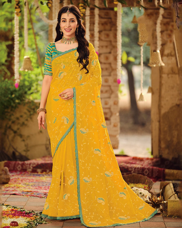 Vishal Prints Dark Yellow Dyed Designer Chiffon Saree With Embroidery-Diamond Work And Cut Work Embroidery Border