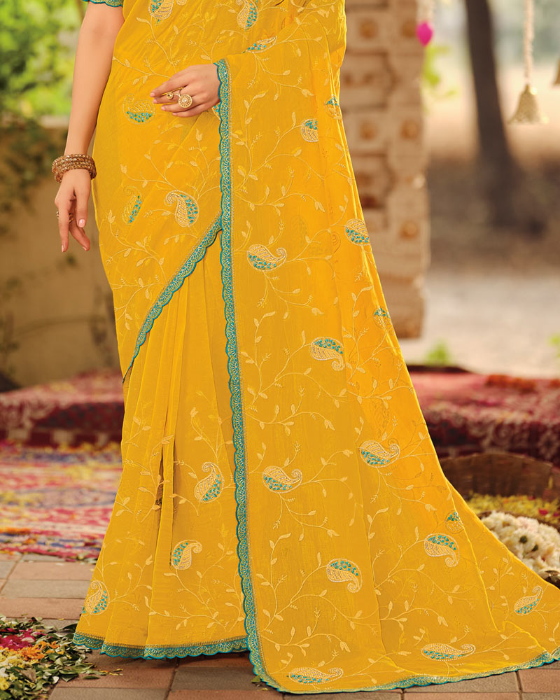 Vishal Prints Dark Yellow Dyed Designer Chiffon Saree With Embroidery-Diamond Work And Cut Work Embroidery Border