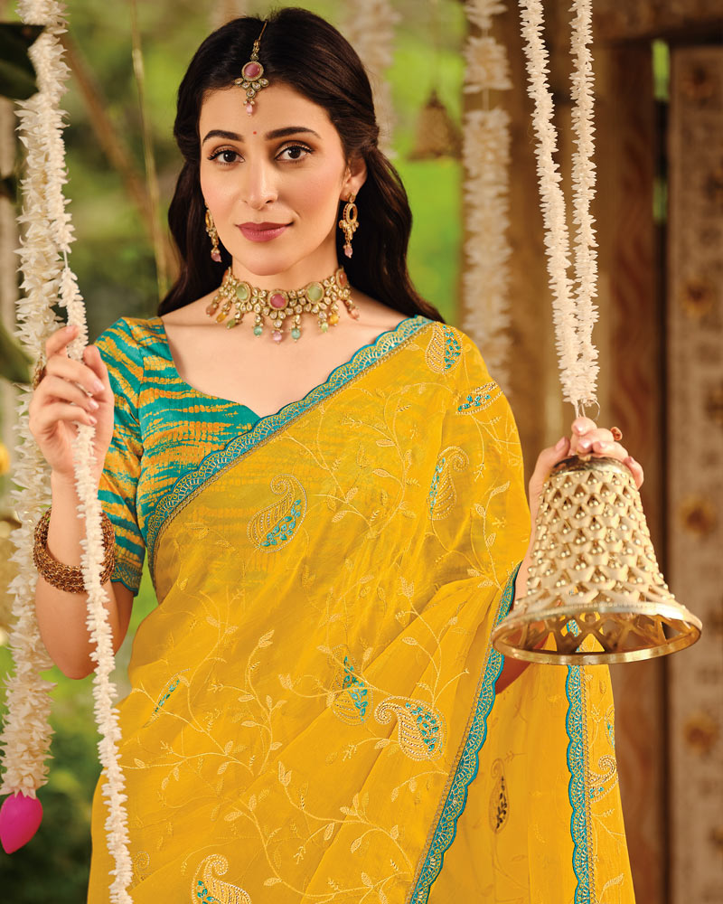 Vishal Prints Dark Yellow Dyed Designer Chiffon Saree With Embroidery-Diamond Work And Cut Work Embroidery Border