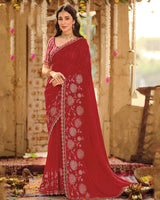 Vishal Prints Maroon Dyed Designer Chiffon Saree With Embroidery-Diamond Work And Cut Work Embroidery Border