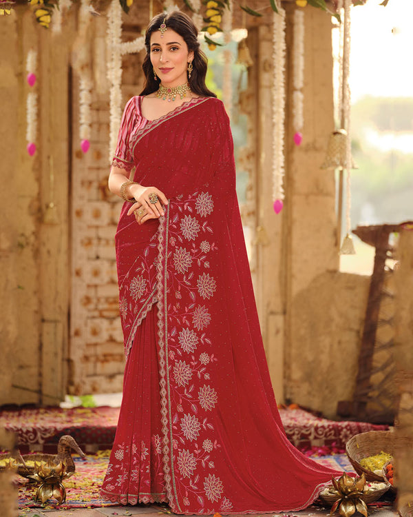 Vishal Prints Maroon Dyed Designer Chiffon Saree With Embroidery-Diamond Work And Cut Work Embroidery Border