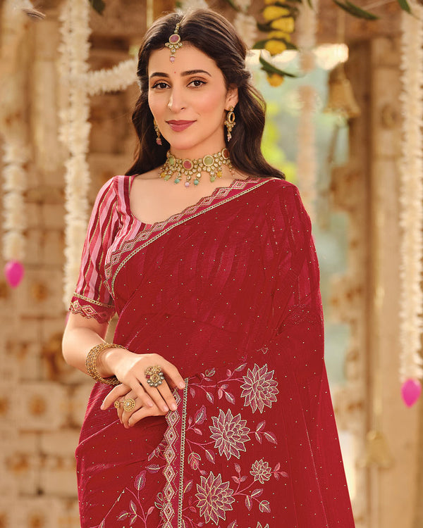 Vishal Prints Maroon Dyed Designer Chiffon Saree With Embroidery-Diamond Work And Cut Work Embroidery Border