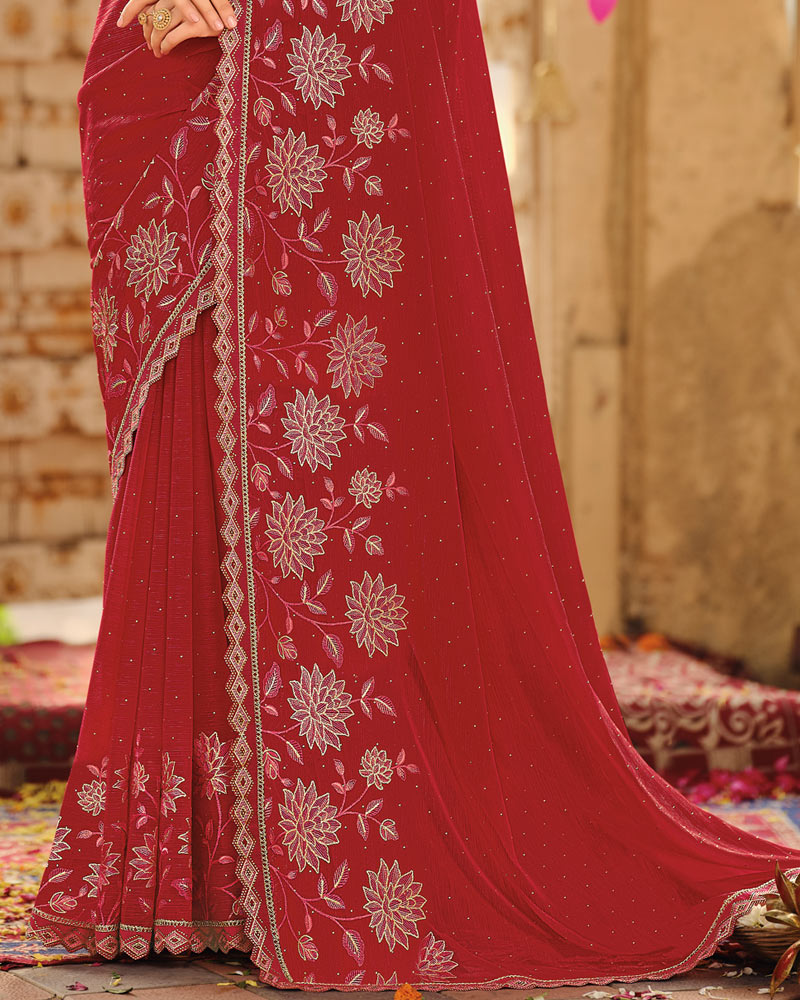 Vishal Prints Maroon Dyed Designer Chiffon Saree With Embroidery-Diamond Work And Cut Work Embroidery Border