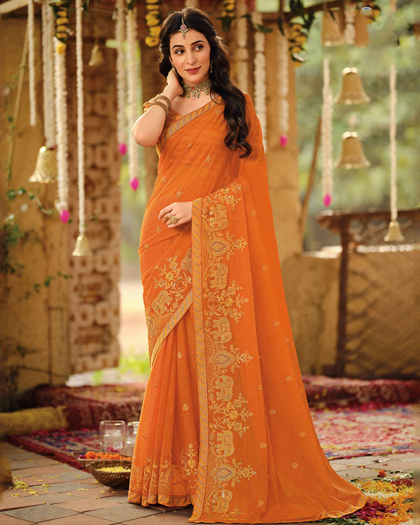 Vishal Prints Orange Dyed Designer Chiffon Saree With Embroidery-Diamond Work And Zari Border