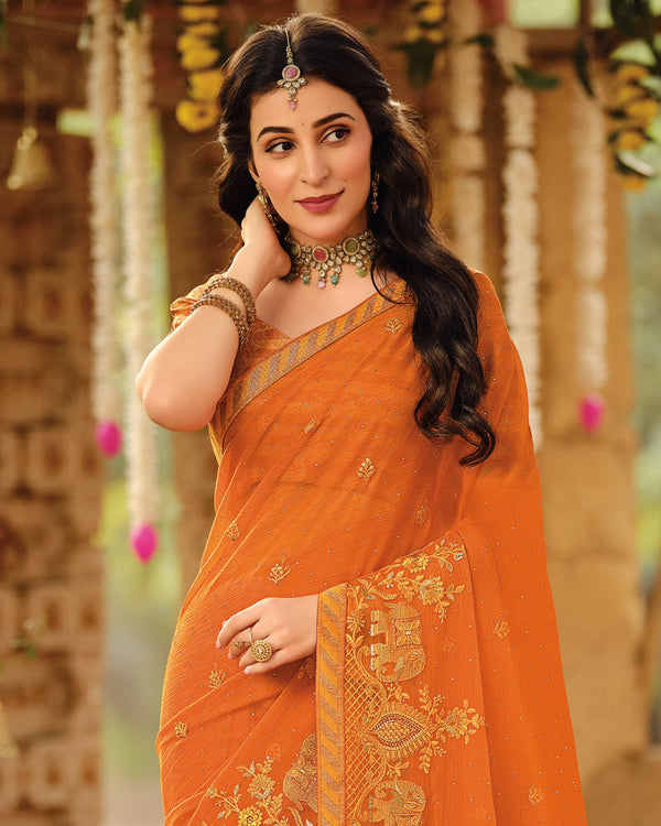 Vishal Prints Orange Dyed Designer Chiffon Saree With Embroidery-Diamond Work And Zari Border