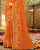 Vishal Prints Orange Dyed Designer Chiffon Saree With Embroidery-Diamond Work And Zari Border