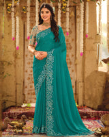 Vishal Prints Persian Green Dyed Designer Chiffon Saree With Embroidery-Diamond Work And Cut Work Diamond Border