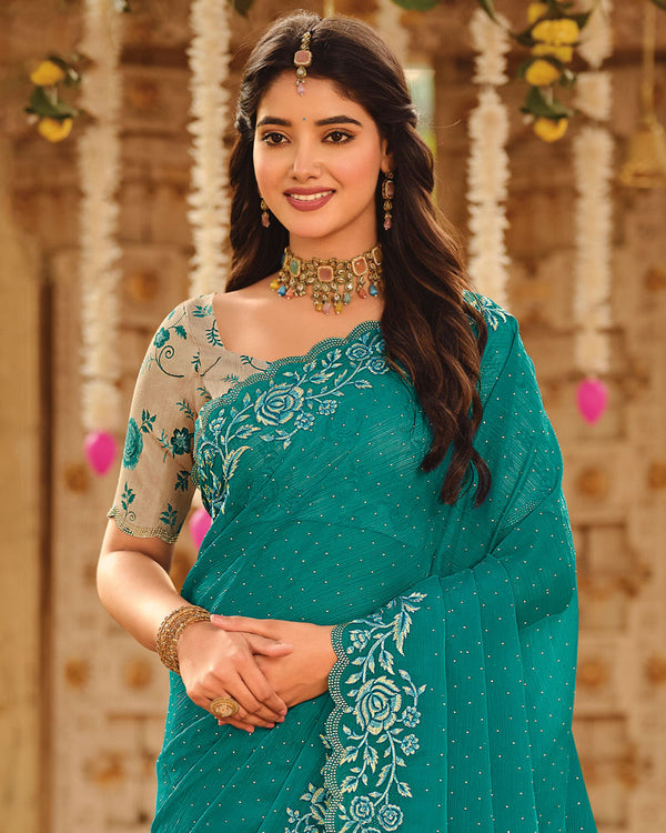 Vishal Prints Persian Green Dyed Designer Chiffon Saree With Embroidery-Diamond Work And Cut Work Diamond Border