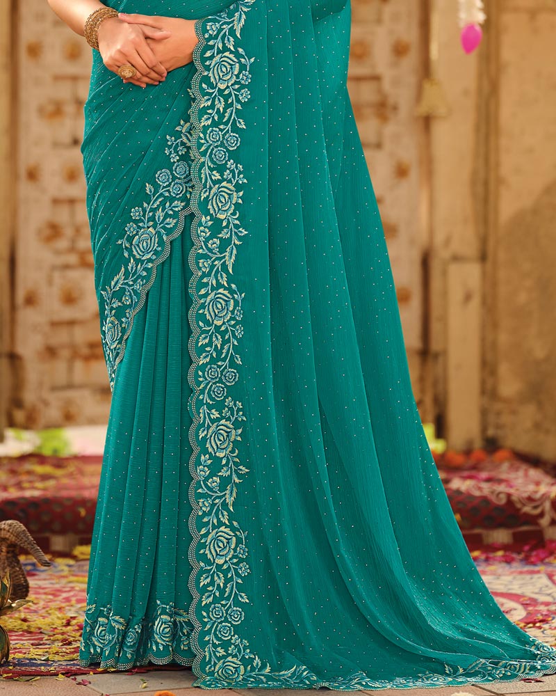 Vishal Prints Persian Green Dyed Designer Chiffon Saree With Embroidery-Diamond Work And Cut Work Diamond Border