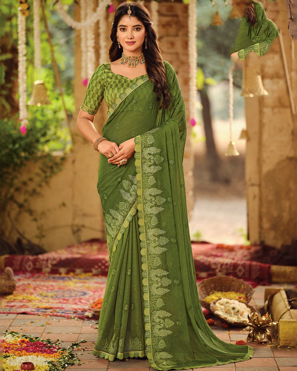 Vishal Prints Mehandi Green Dyed Designer Chiffon Saree With Embroidery-Diamond Work And Cut Work Diamond Border