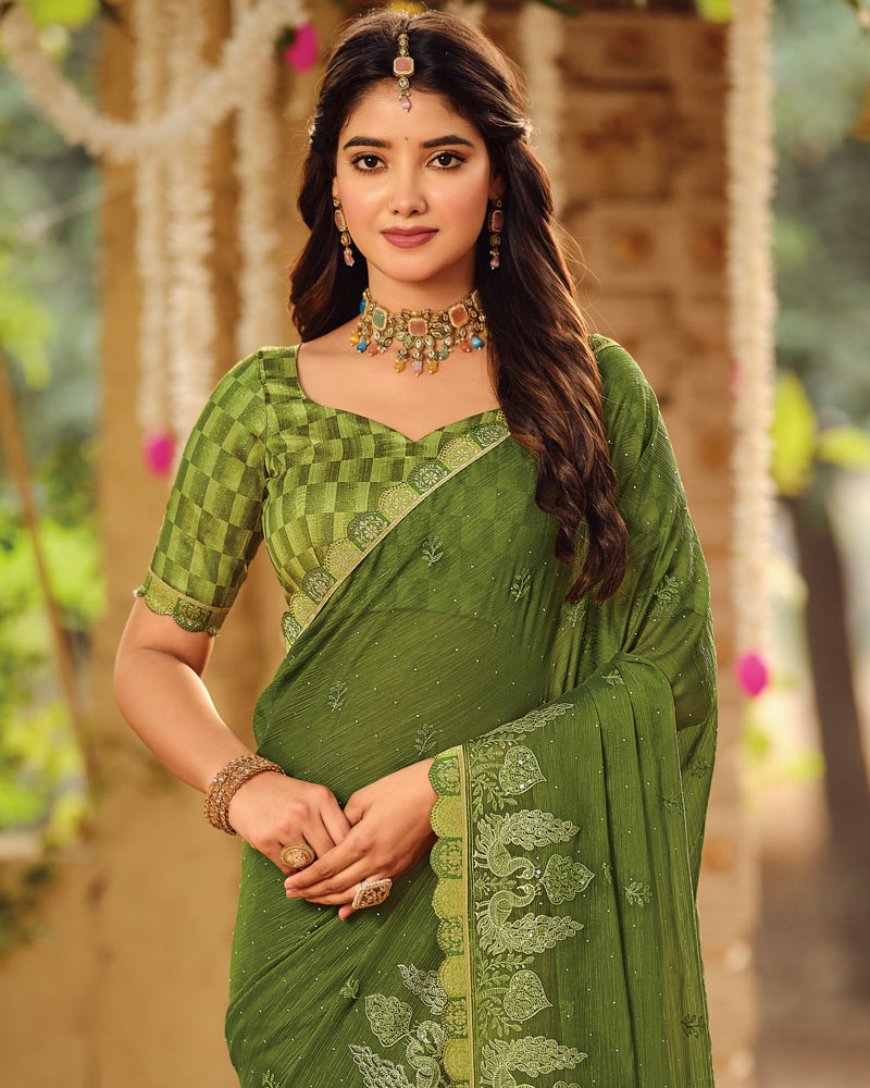 Vishal Prints Mehandi Green Dyed Designer Chiffon Saree With Embroidery-Diamond Work And Cut Work Diamond Border