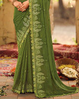 Vishal Prints Mehandi Green Dyed Designer Chiffon Saree With Embroidery-Diamond Work And Cut Work Diamond Border