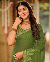 Vishal Prints Mehandi Green Dyed Designer Chiffon Saree With Embroidery-Diamond Work And Cut Work Diamond Border