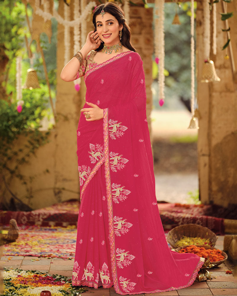 Vishal Prints Strawberry Pink Dyed Designer Chiffon Saree With Embroidery-Diamond Work And Cut Work Diamond Border