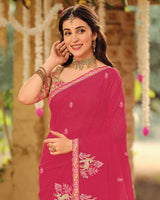 Vishal Prints Strawberry Pink Dyed Designer Chiffon Saree With Embroidery-Diamond Work And Cut Work Diamond Border