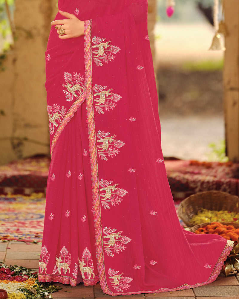 Vishal Prints Strawberry Pink Dyed Designer Chiffon Saree With Embroidery-Diamond Work And Cut Work Diamond Border