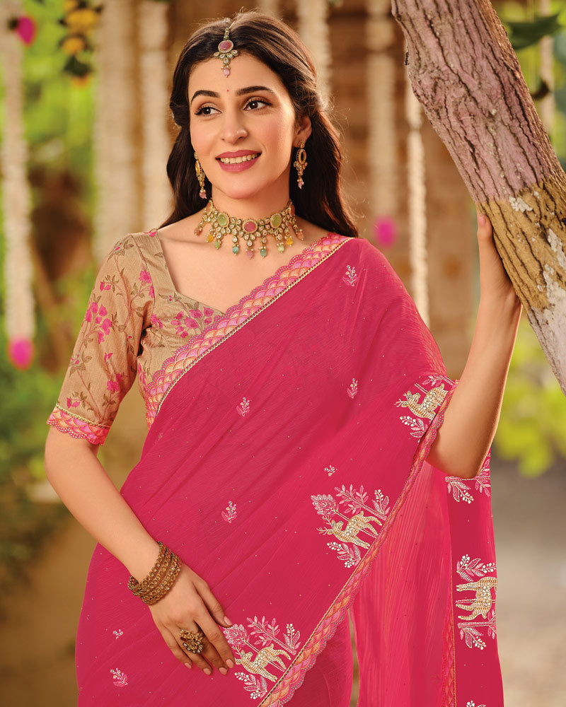 Vishal Prints Strawberry Pink Dyed Designer Chiffon Saree With Embroidery-Diamond Work And Cut Work Diamond Border