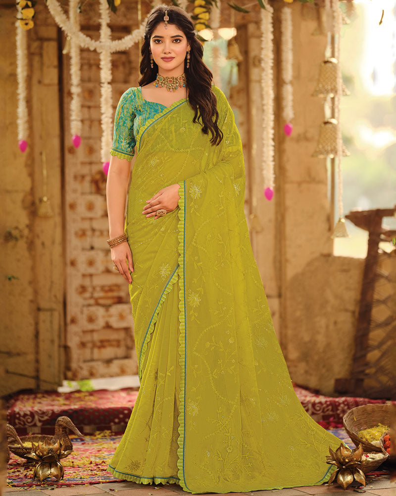 Vishal Prints Lime Green Dyed Designer Chiffon Saree With Embroidery-Diamond Work And Cut Work Embroidery Border