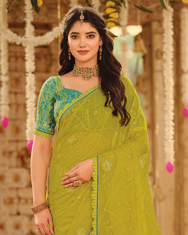 Vishal Prints Lime Green Dyed Designer Chiffon Saree With Embroidery-Diamond Work And Cut Work Embroidery Border