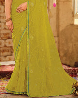 Vishal Prints Lime Green Dyed Designer Chiffon Saree With Embroidery-Diamond Work And Cut Work Embroidery Border