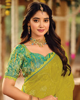 Vishal Prints Lime Green Dyed Designer Chiffon Saree With Embroidery-Diamond Work And Cut Work Embroidery Border