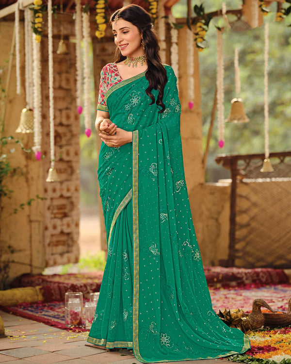 Vishal Prints Teal Green Dyed Designer Chiffon Saree With Embroidery-Diamond Work And Zari Border