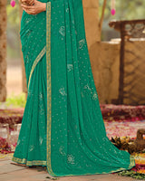 Vishal Prints Teal Green Dyed Designer Chiffon Saree With Embroidery-Diamond Work And Zari Border