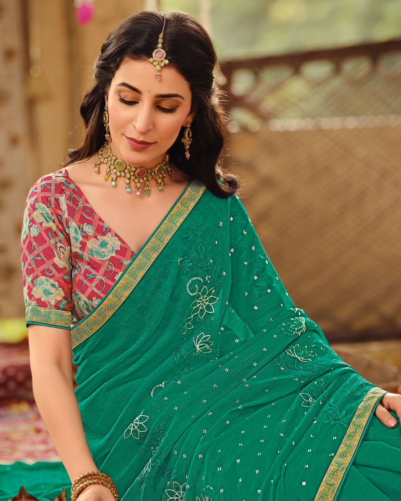 Vishal Prints Teal Green Dyed Designer Chiffon Saree With Embroidery-Diamond Work And Zari Border