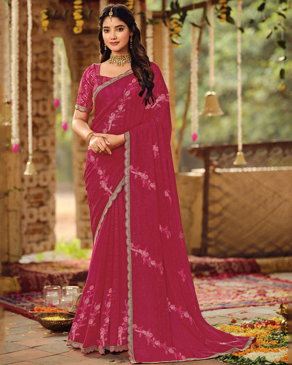 Vishal Prints Dark Rose Pink Dyed Designer Chiffon Saree With Embroidery-Diamond Work And Cut Work Embroidery Border