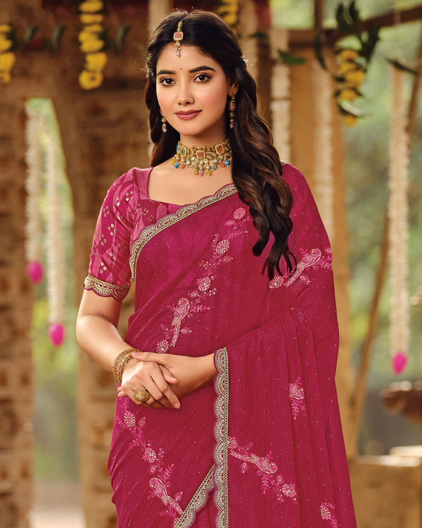 Vishal Prints Dark Rose Pink Dyed Designer Chiffon Saree With Embroidery-Diamond Work And Cut Work Embroidery Border