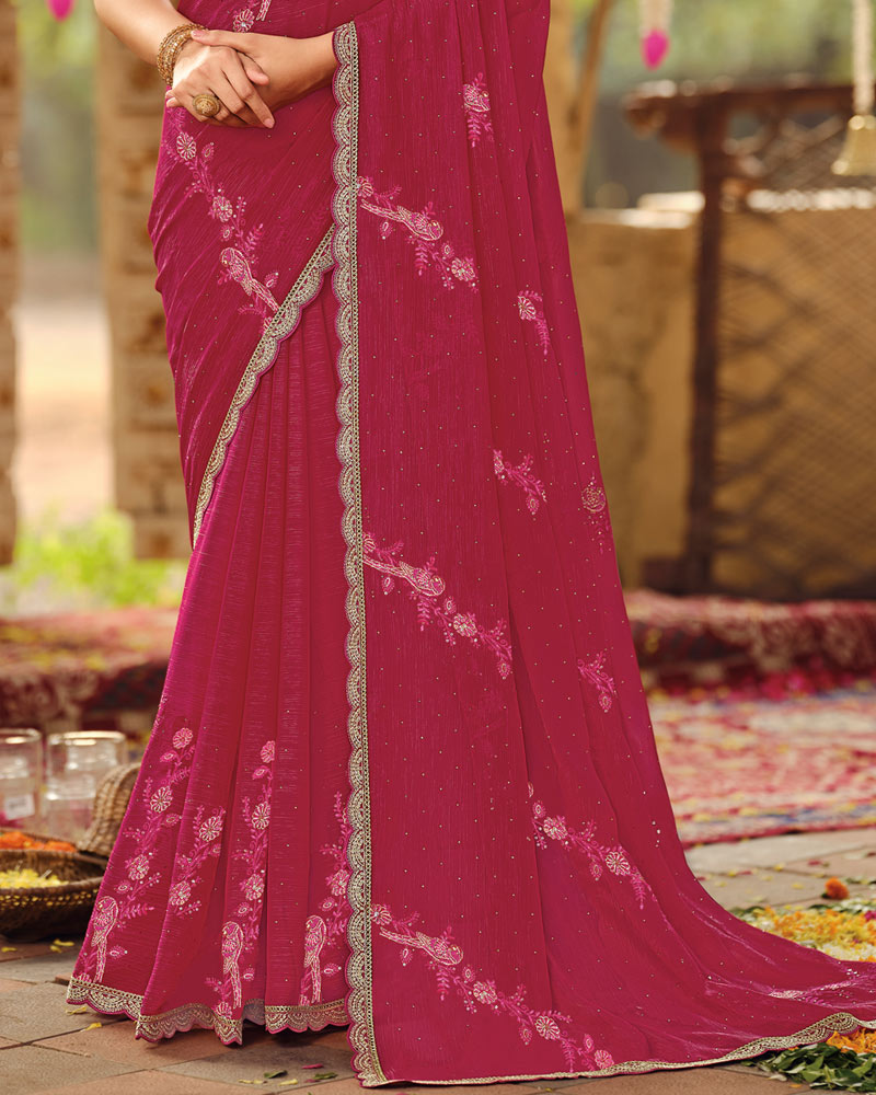 Vishal Prints Dark Rose Pink Dyed Designer Chiffon Saree With Embroidery-Diamond Work And Cut Work Embroidery Border