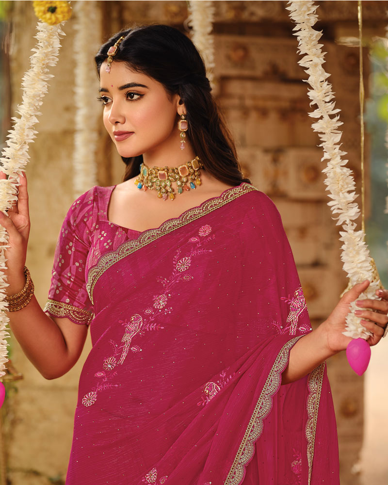 Vishal Prints Dark Rose Pink Dyed Designer Chiffon Saree With Embroidery-Diamond Work And Cut Work Embroidery Border