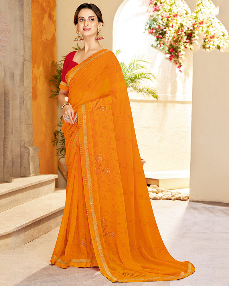 Vishal Prints Orange Printed Georgette Saree With Diamond Work And Fancy Border