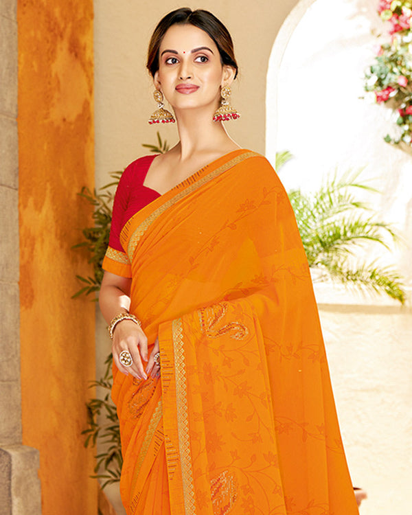 Vishal Prints Orange Printed Georgette Saree With Diamond Work And Fancy Border