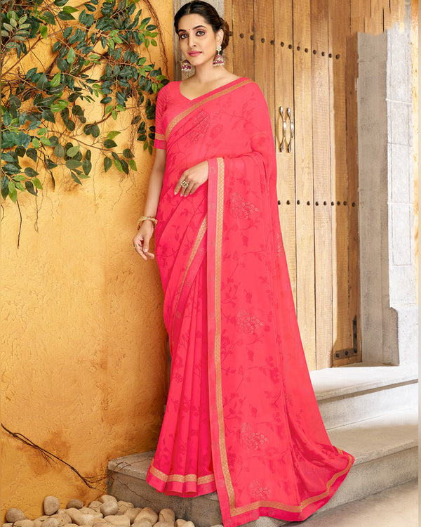 Vishal Prints Red Pink Printed Georgette Saree With Diamond Work And Fancy Border