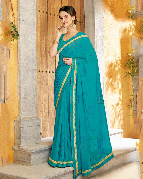 Vishal Prints Dark Turquoise Blue Printed Georgette Saree With Diamond Work And Fancy Border